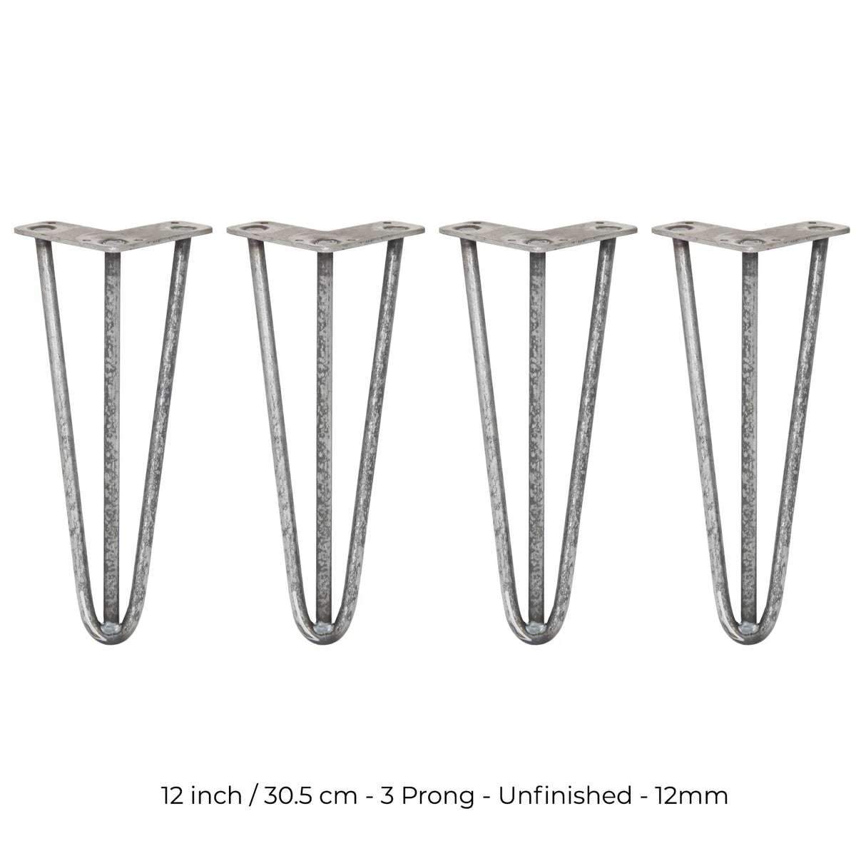 Raw steel 12-inch hairpin legs with a 3-prong design, featuring a sleek, minimalist shape and unfinished texture for versatile furniture use