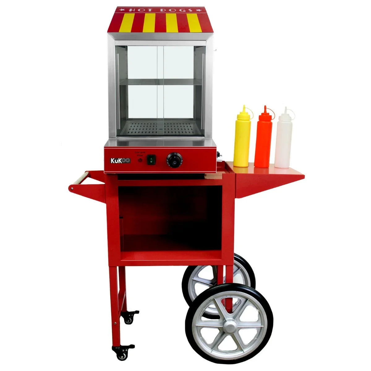 KuKoo Commercial Hot Dog Steamer & Cart in bright red with yellow stripes, featuring a glass display, condiment holders, and large wheels