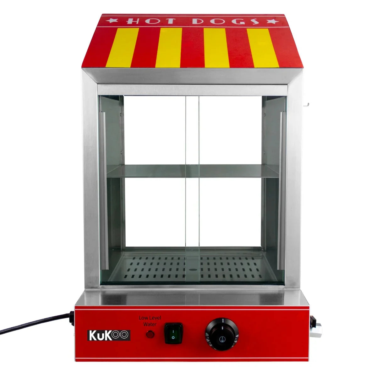 KuKoo Commercial Hot Dog Steamer & Cart with red and yellow striped roof, stainless steel frame, and glass display for hot dogs