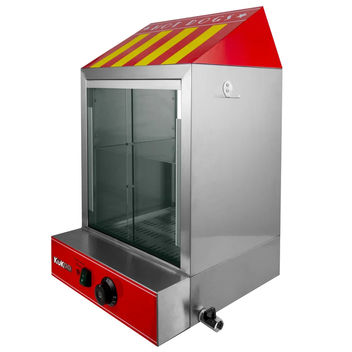 KuKoo Commercial Hot Dog Steamer & Cart with stainless steel body, red accents, glass front, and adjustable temperature control