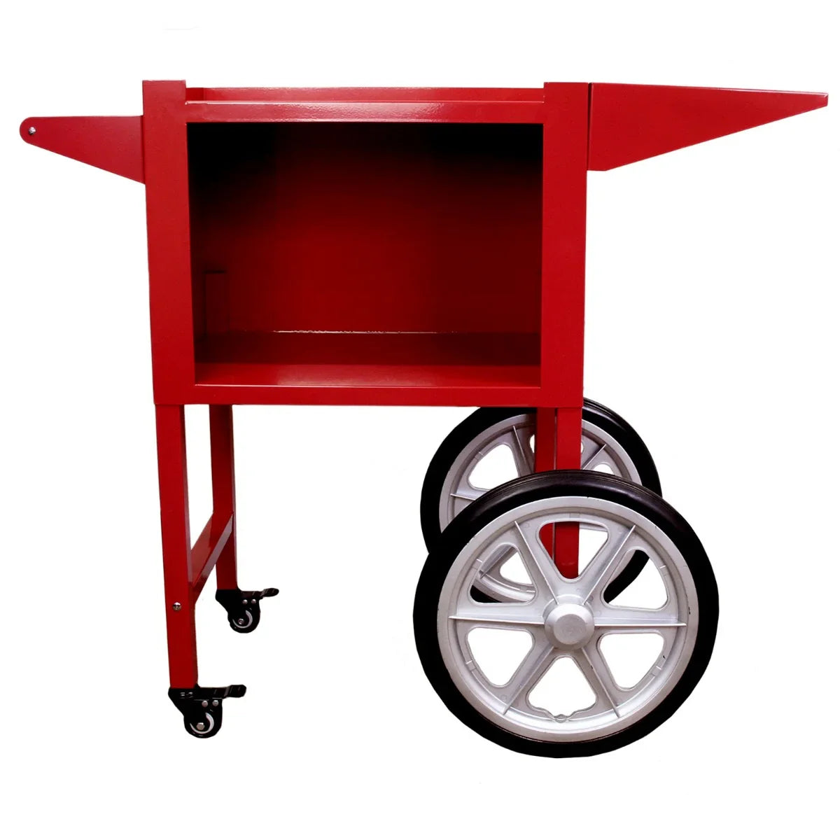 Red KuKoo commercial hot dog steamer cart with a spacious interior, sturdy wheels, and a classic design, perfect for outdoor events