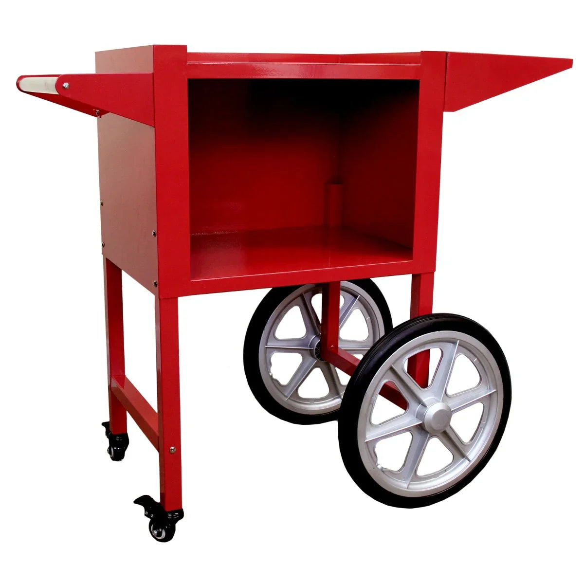 Bright red commercial hot dog cart with a spacious open compartment and sturdy wheels, designed for easy mobility and service
