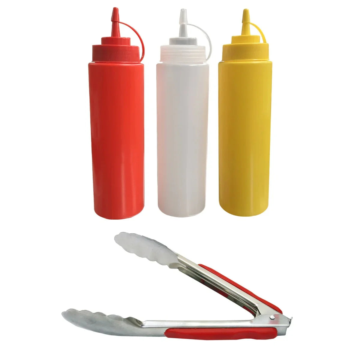 Three condiment bottles in red, white, and yellow alongside stainless steel tongs with red rubber grips for serving hot dogs