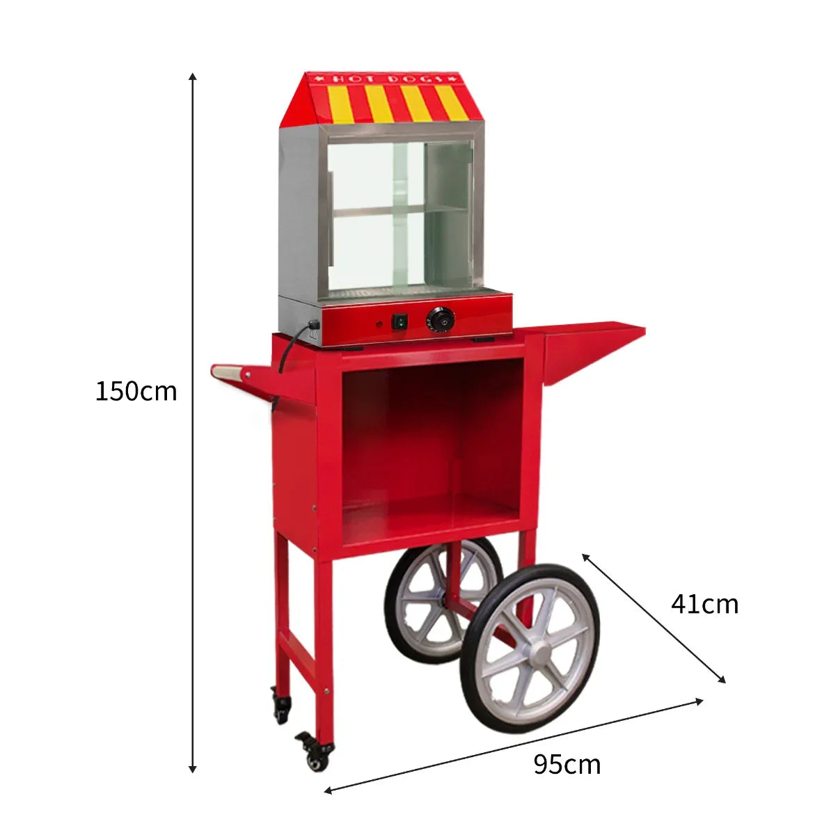 Bright red KuKoo commercial hot dog steamer cart with a glass top, large wheels, and a spacious storage area for easy serving
