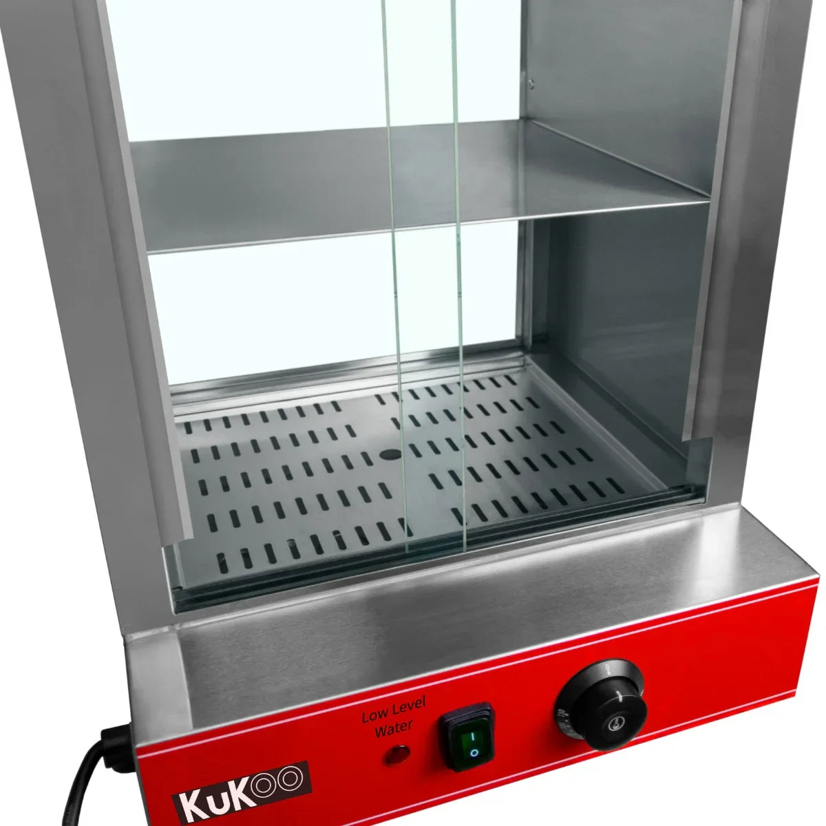 KuKoo Commercial Hot Dog Steamer & Cart with stainless steel frame, glass panels, and red accents, designed for efficient food display