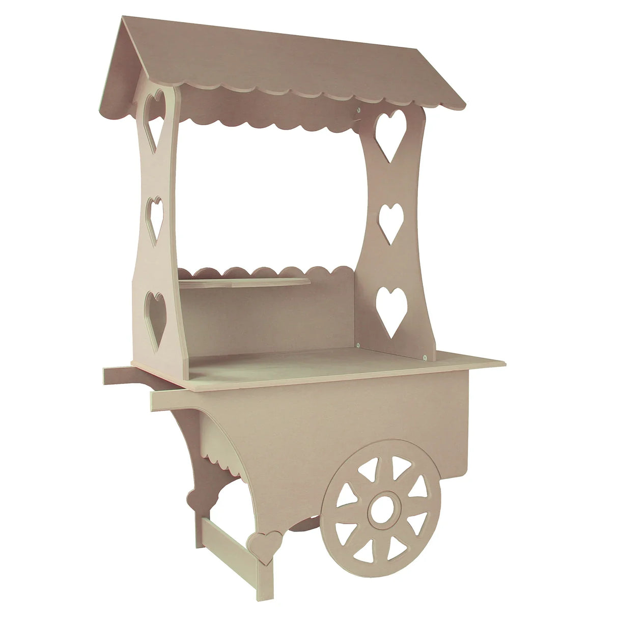 KuKoo Mini Candy Cart in light brown with heart cutouts, featuring a scalloped roof and a spacious display area for sweets