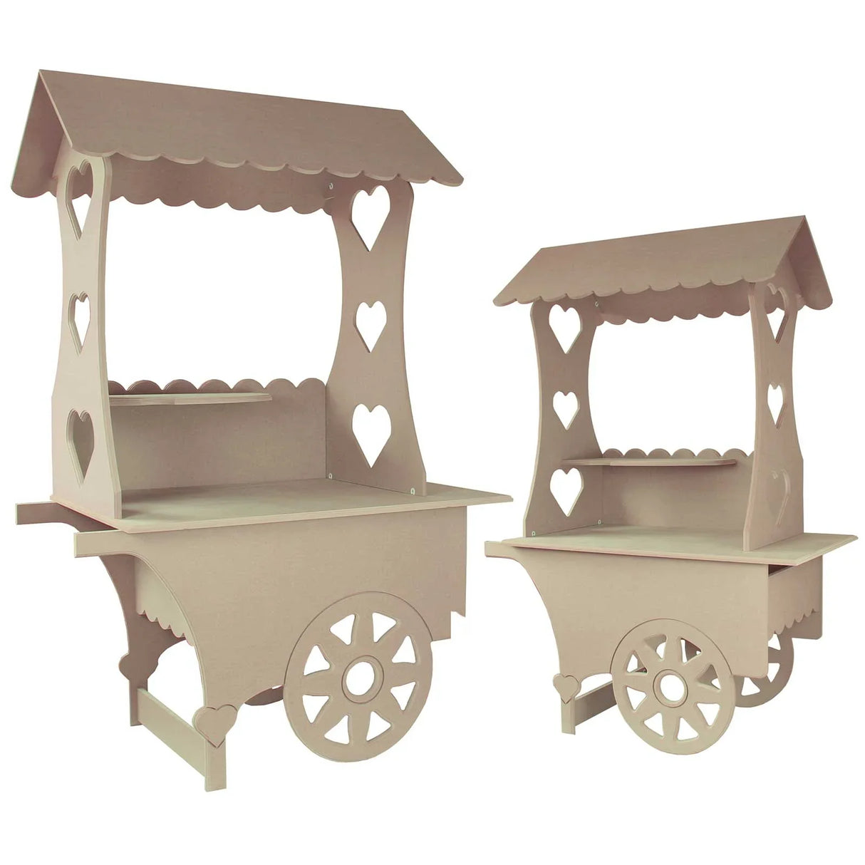 KuKoo Candy Cart Bundle features two wooden sweet stalls with heart cutouts, a light beige finish, and charming vintage design