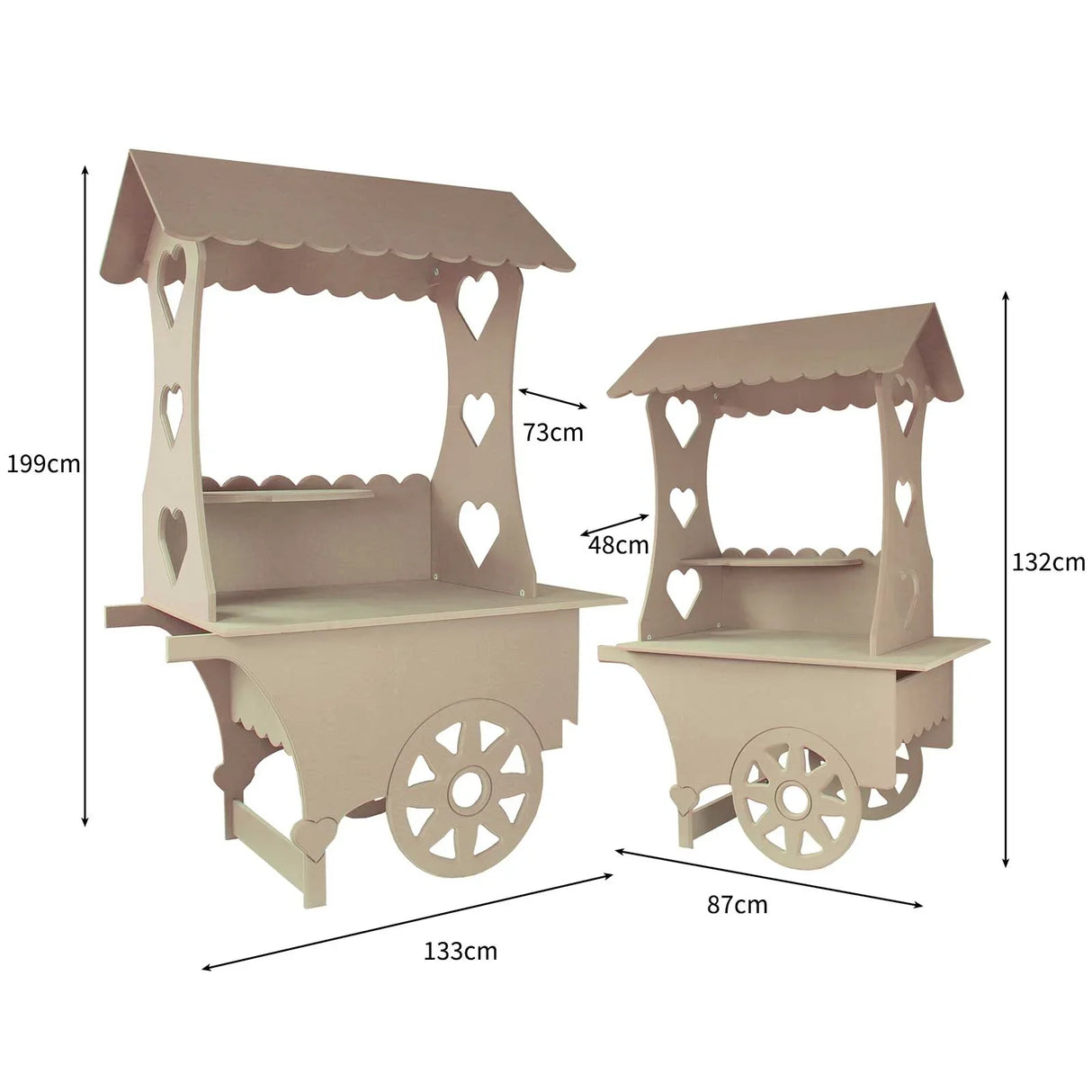 KuKoo Candy Cart Bundle features two charming wooden sweet stalls with heart cutouts, perfect for weddings and events, in a natural finish