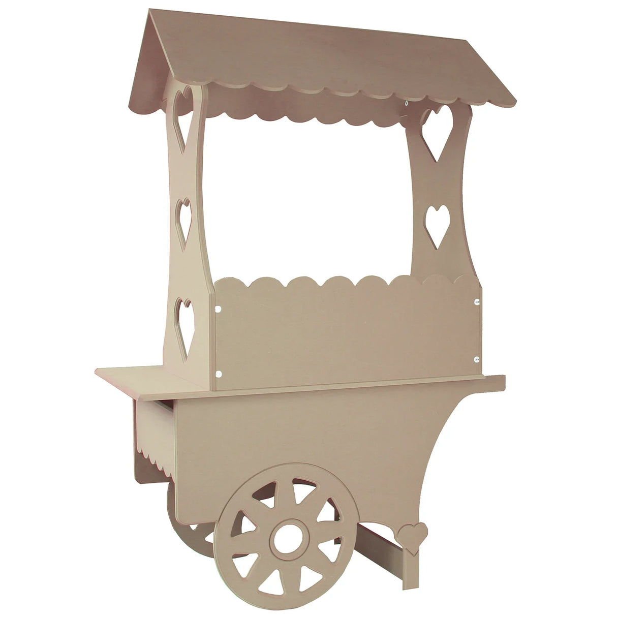 KuKoo Candy Cart Bundle features a charming beige wooden stall with heart cutouts, scalloped edges, and a decorative roof for weddings