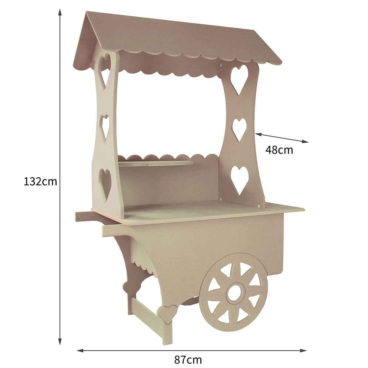 KuKoo Candy Cart Bundle features a beige wooden sweet stall with heart cutouts, measuring 132cm tall and 87cm wide, perfect for weddings