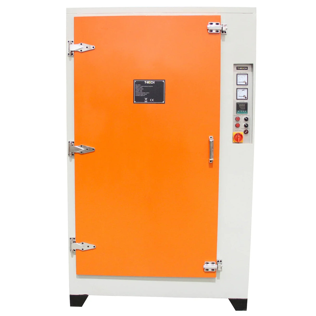 T-Mech powder coating curing oven featuring a bright orange door, sturdy metal construction, and control panel for precise temperature settings
