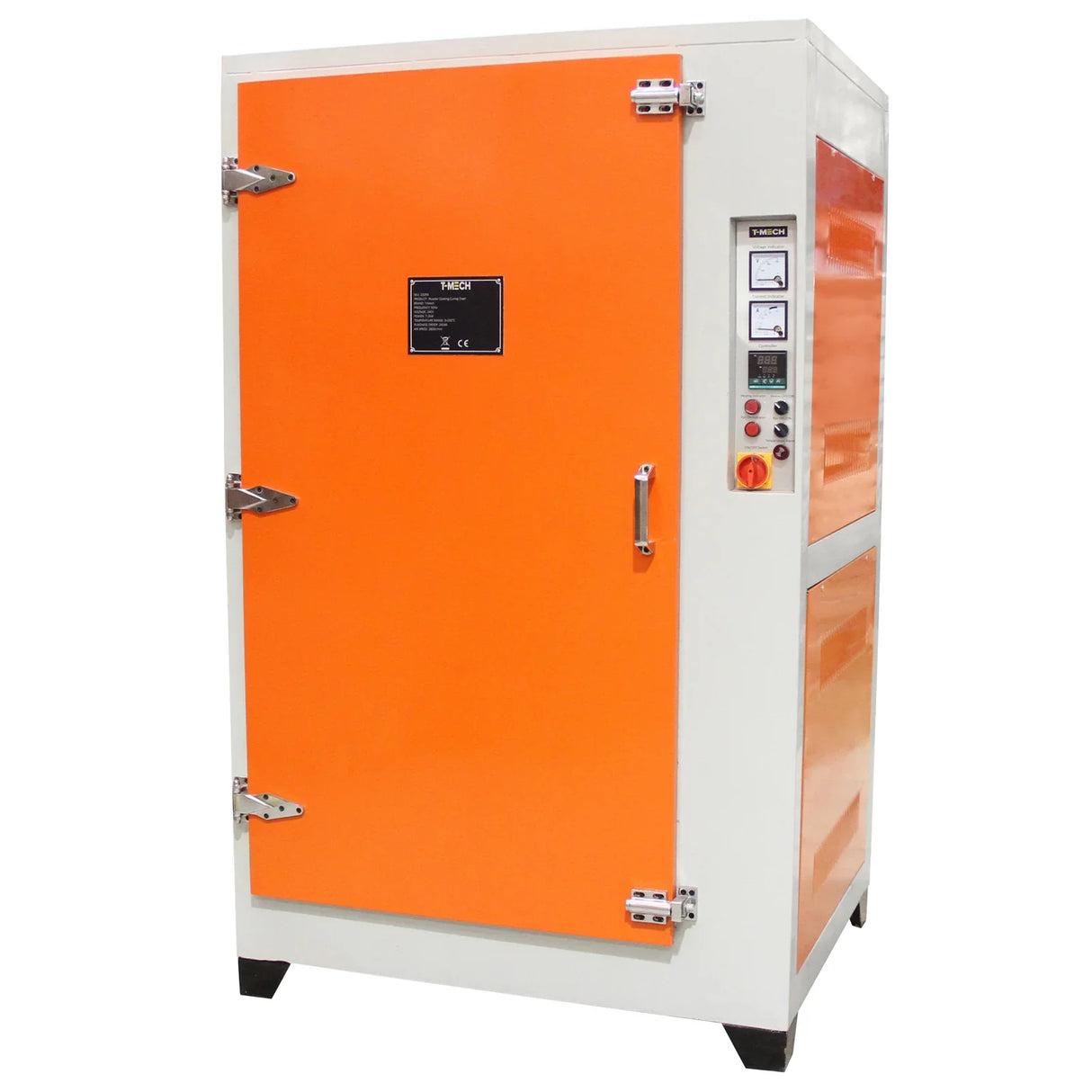 T-Mech Powder Coating Curing Oven with a bright orange door, sturdy white body, control panel, and large front access for easy use