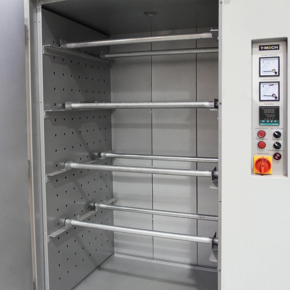 T-Mech powder coating curing oven interior with five metal racks, gray walls, and control panel featuring gauges and buttons