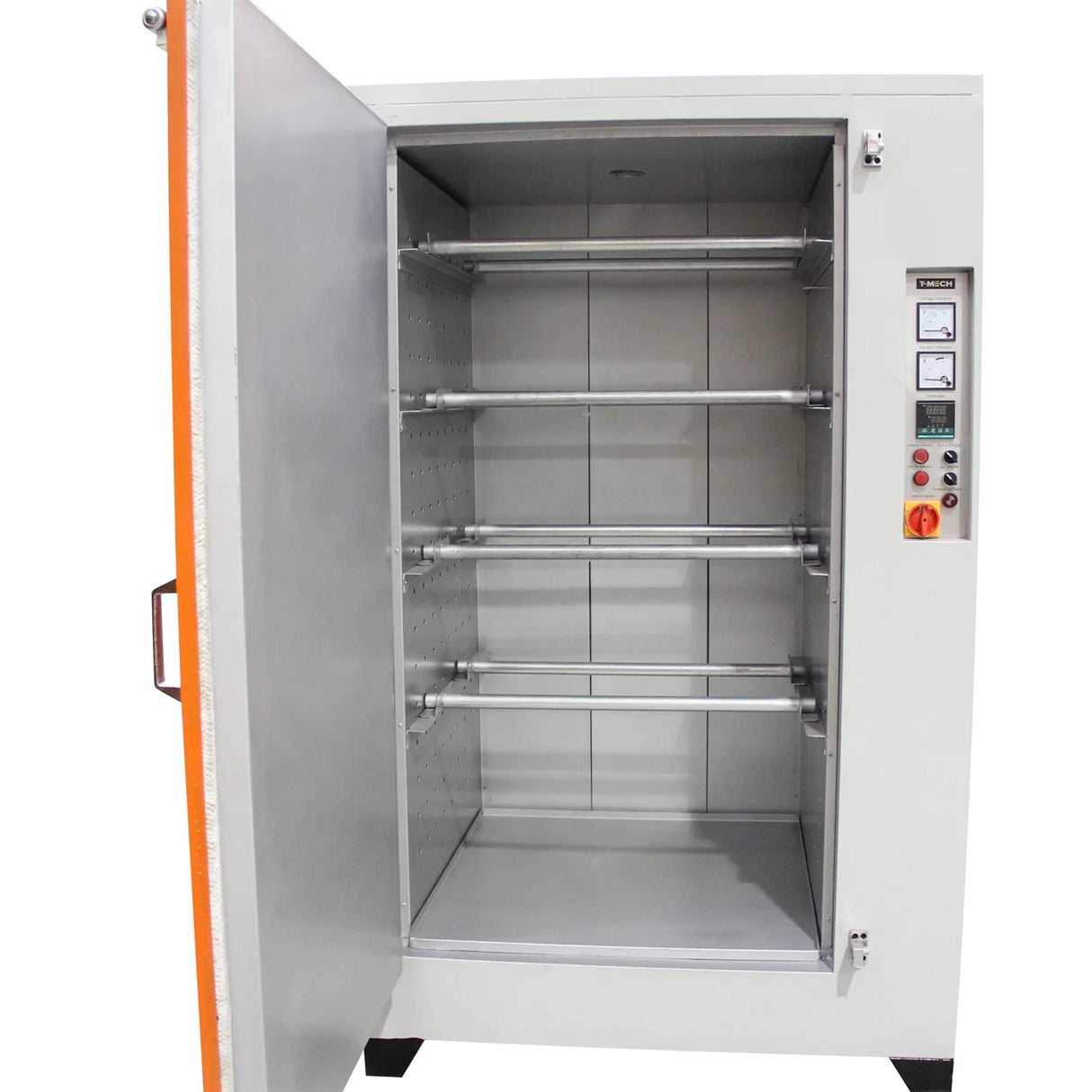 T-Mech Powder Coating Curing Oven with an open door, showcasing a spacious interior, metal shelves, and a sleek white finish