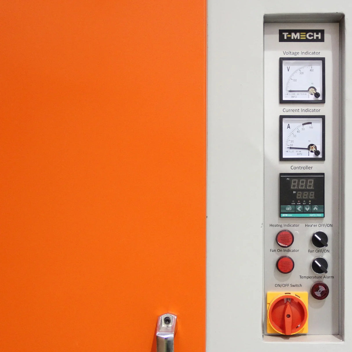 T-Mech Powder Coating Curing Oven control panel featuring voltage and current indicators, temperature alarm, and bright orange door