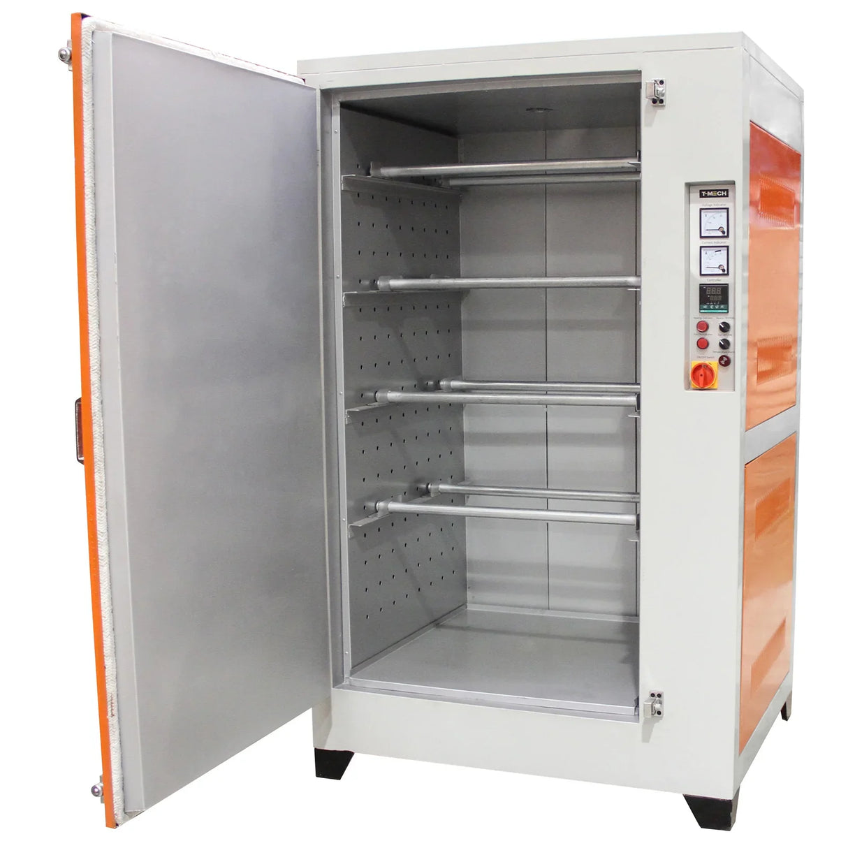 T-Mech Powder Coating Curing Oven with an open door, featuring metal shelves, a sleek white and orange exterior, and digital controls