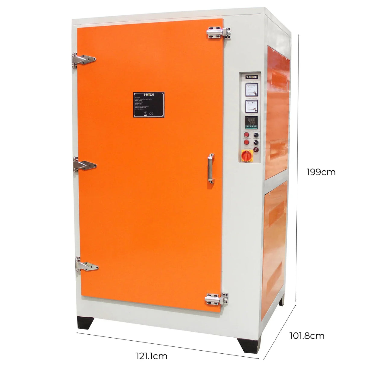 T-Mech Powder Coating Curing Oven with a vibrant orange door, sturdy metal construction, and user-friendly control panel for efficient curing