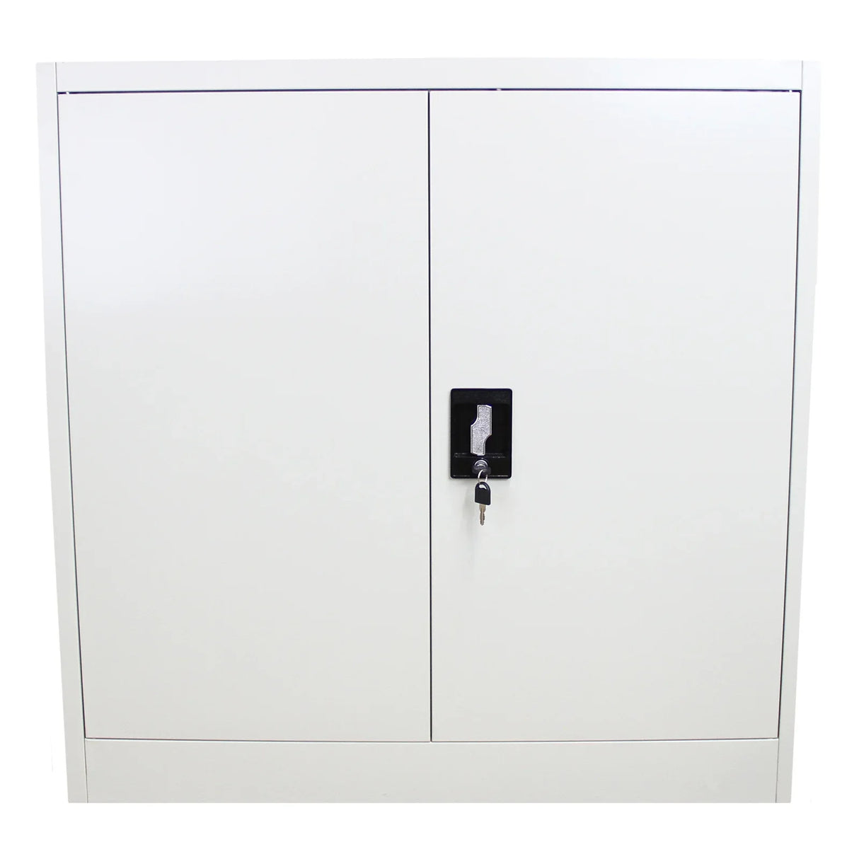 White metal filing cabinet with two doors, a central lock, and a sleek, modern design suitable for office organization