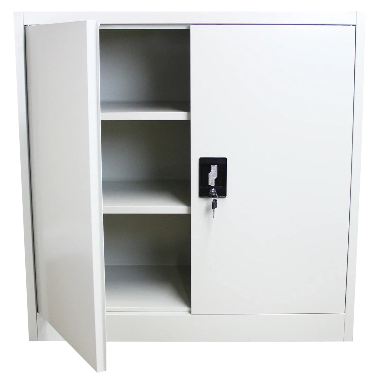 Metal filing cabinet in sleek white finish with a lock, featuring three spacious shelves and a modern design for organized storage
