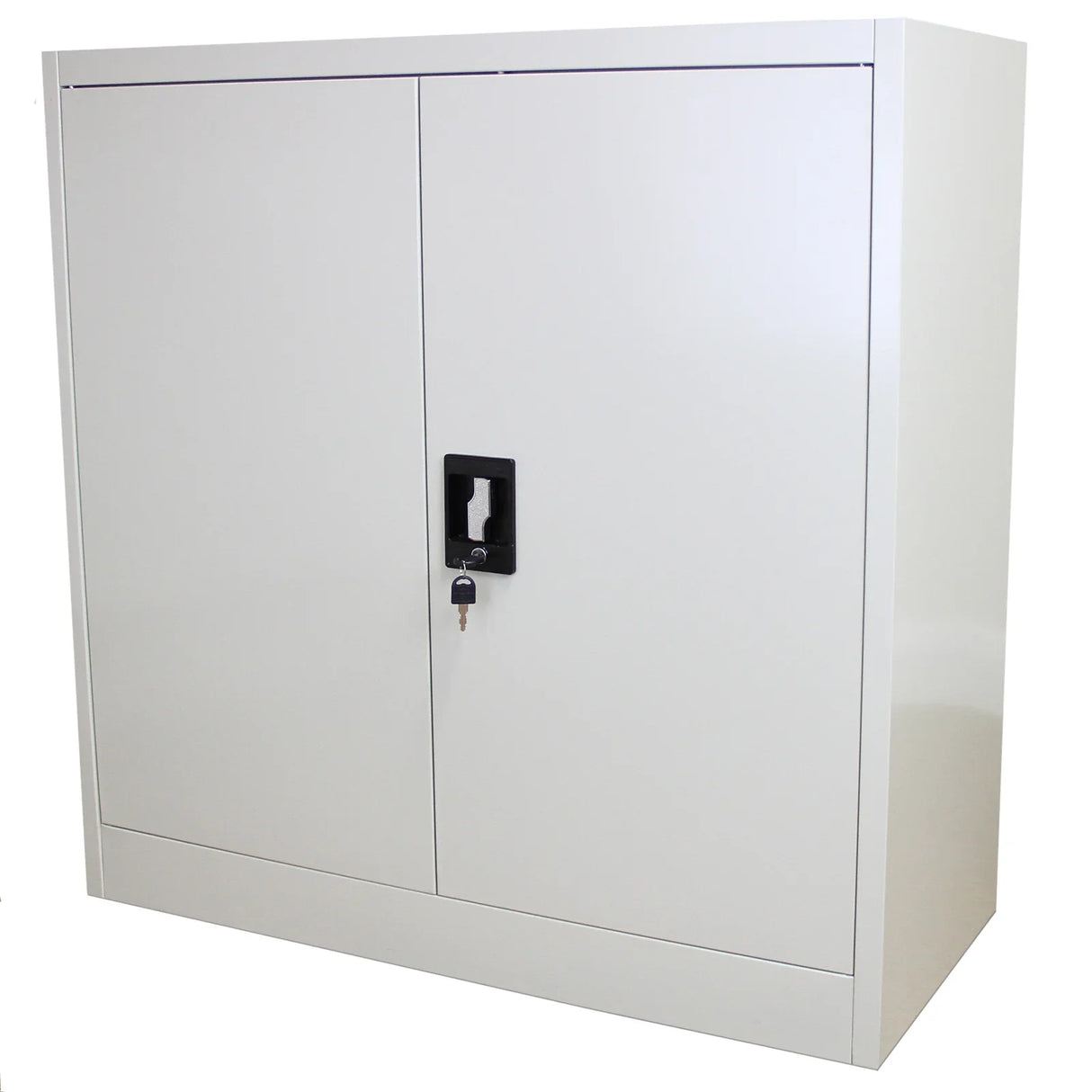 Metal filing cabinet in sleek white finish, featuring two doors, a key lock, and a smooth, modern design ideal for office storage