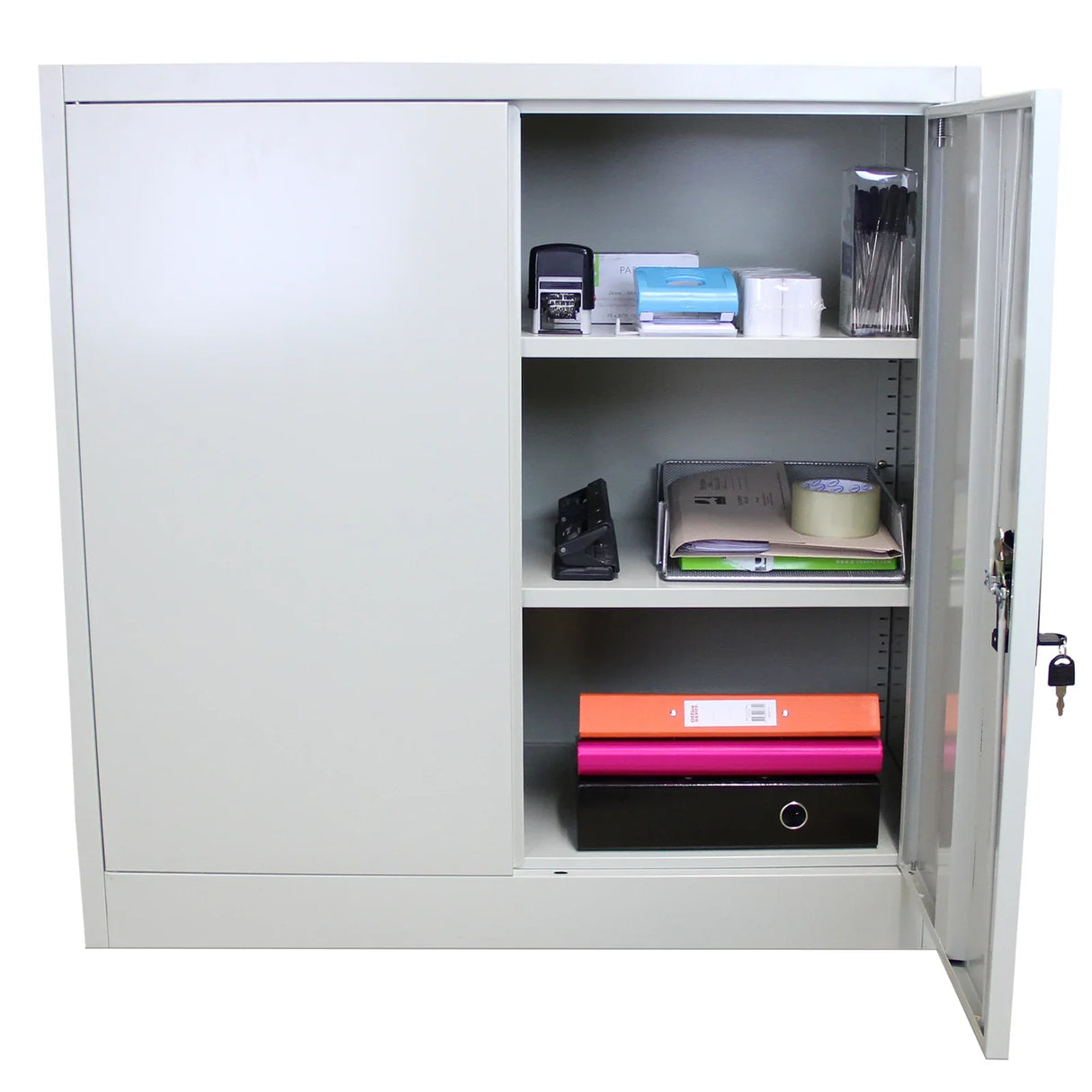 Metal filing cabinet in light gray, featuring two shelves filled with office supplies, documents, and a secure locking door