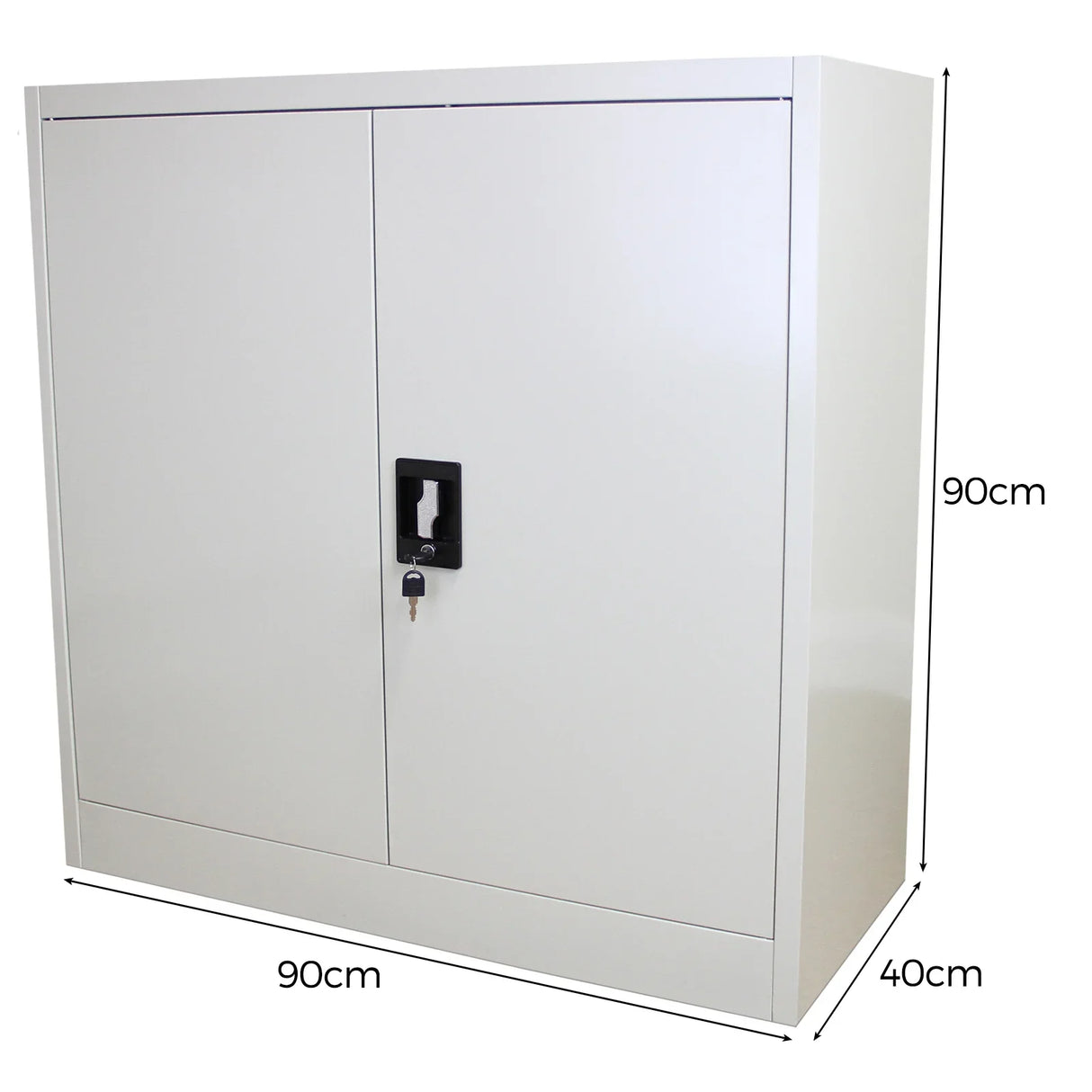 Metal filing cabinet in sleek white finish, measuring 90cm wide, 90cm high, and 40cm deep, featuring two locking doors for secure storage