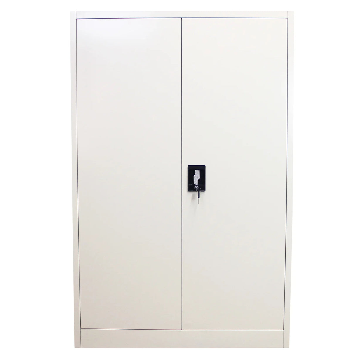 Metal filing cabinet in sleek white finish, featuring two doors with a key lock, perfect for secure document storage in offices