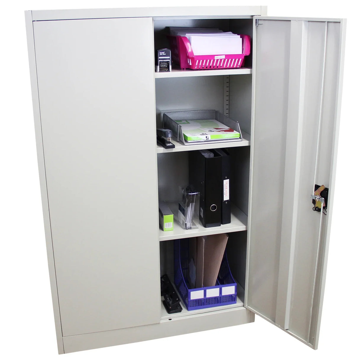 Metal filing cabinet in light gray, featuring two doors, multiple shelves, and organized office supplies, ideal for workspace storage