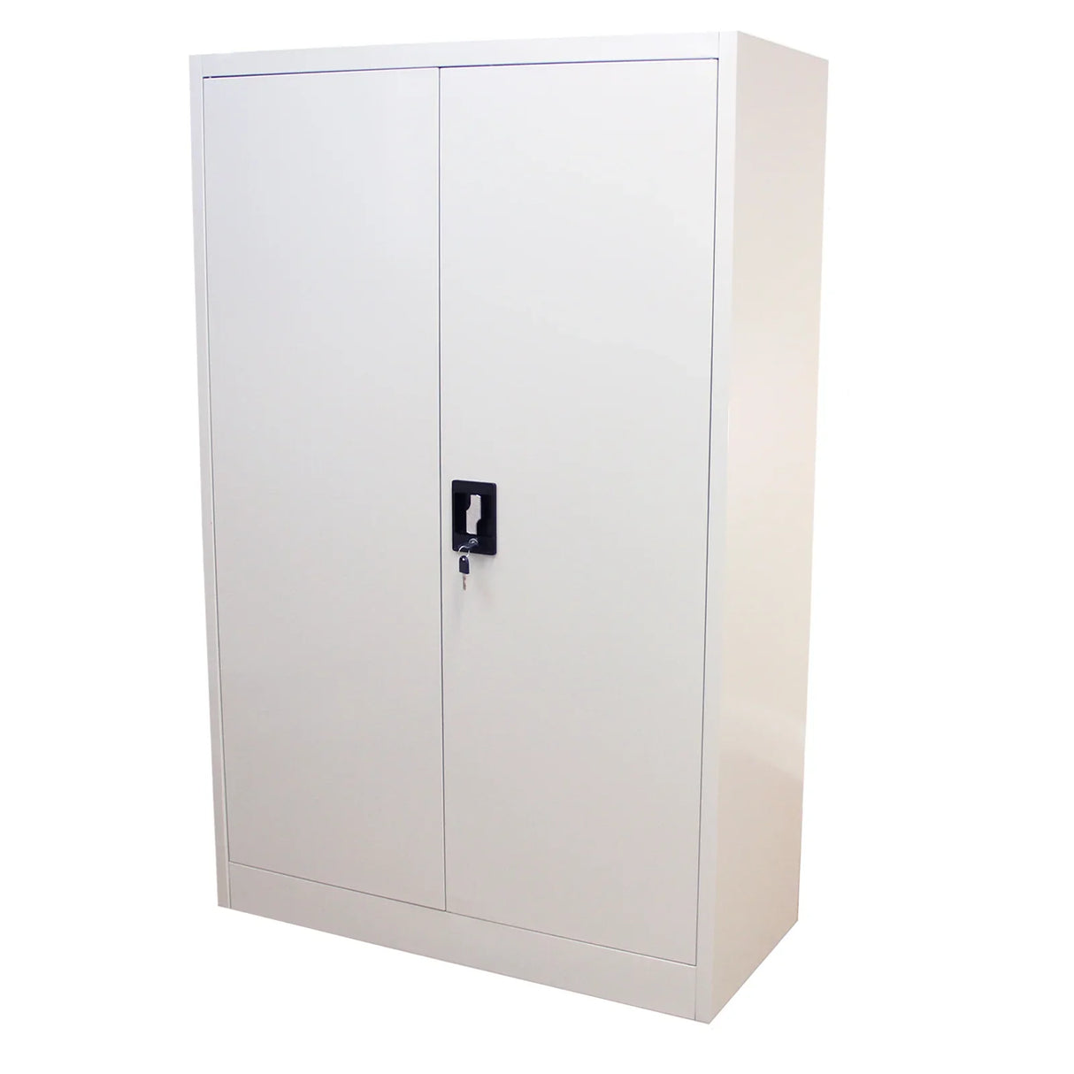 Metal filing cabinet in sleek white finish, 140cm tall, featuring double doors with a lock, ideal for secure document storage