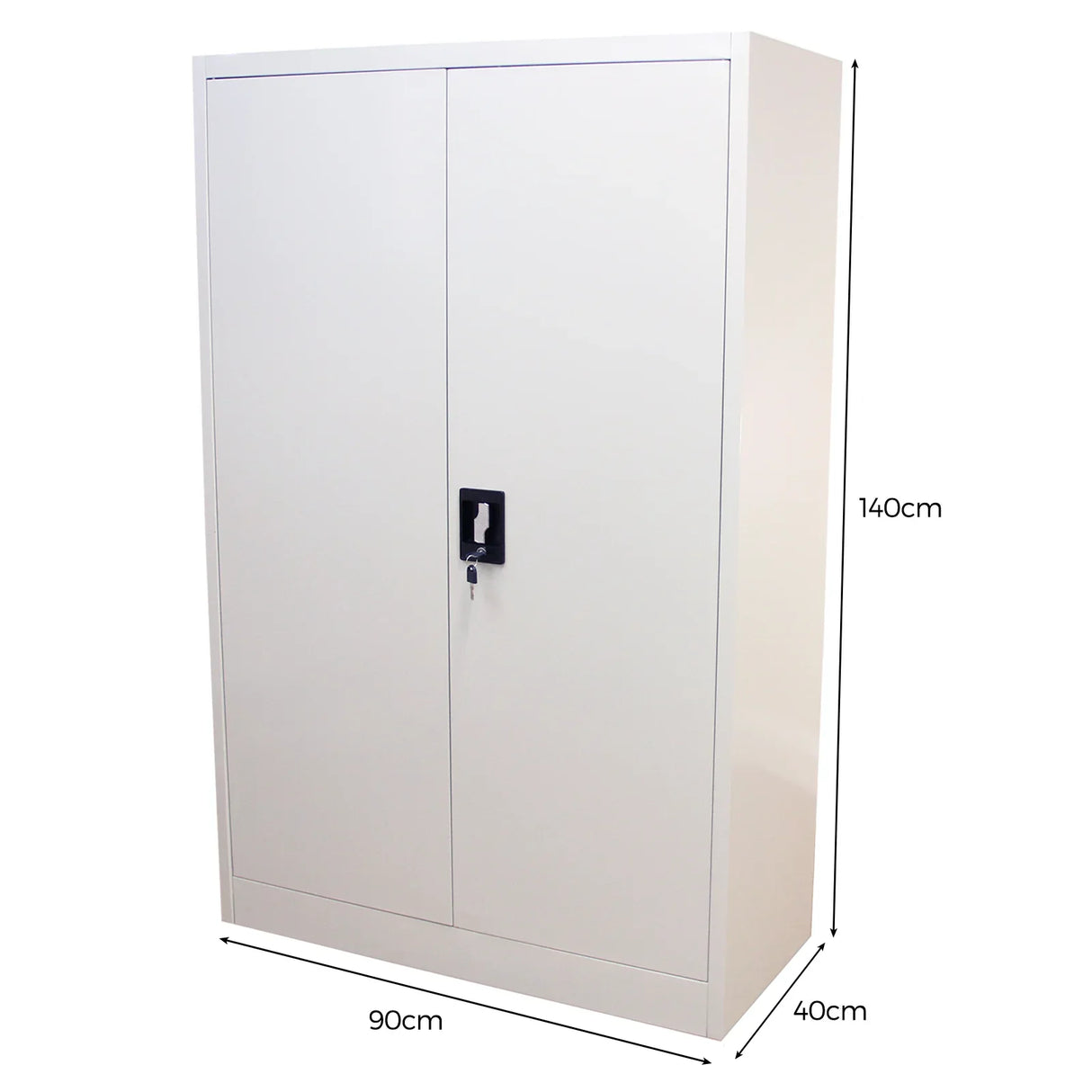 White metal filing cabinet, 140cm tall, 90cm wide, with a sleek finish, double doors, and a lock for secure storage