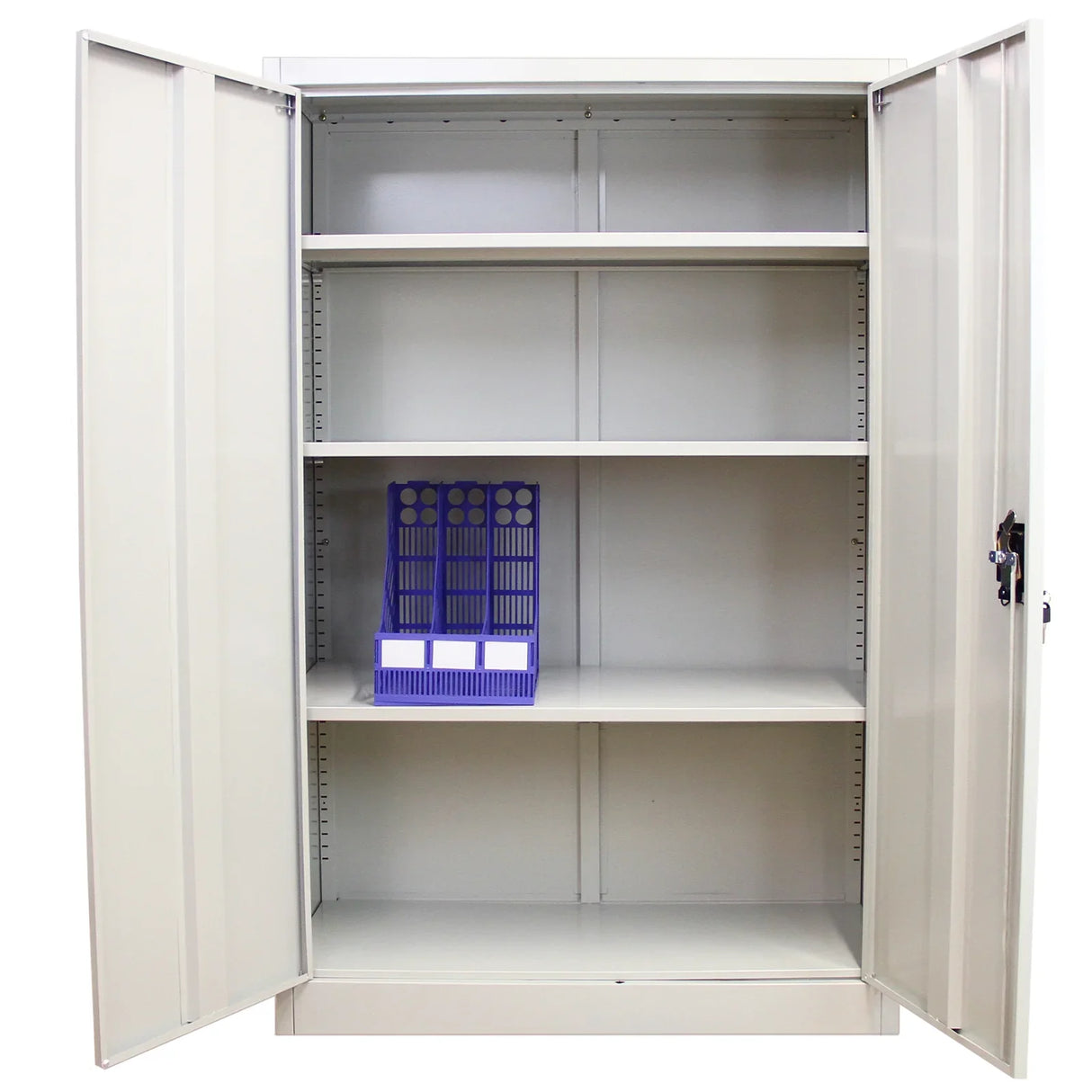Metal filing cabinet 140cm with a sleek gray finish, featuring three spacious shelves and a blue organizer for documents inside