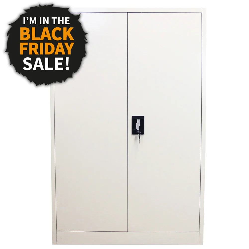 Metal filing cabinet 140cm tall, featuring a sleek white finish, double doors with a lock, perfect for secure document storage