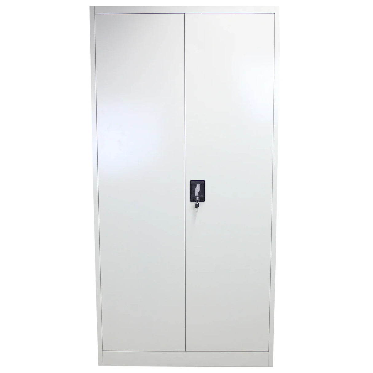Sleek white metal filing cabinet, 180cm tall, featuring two doors with a lock, ideal for secure document storage in offices
