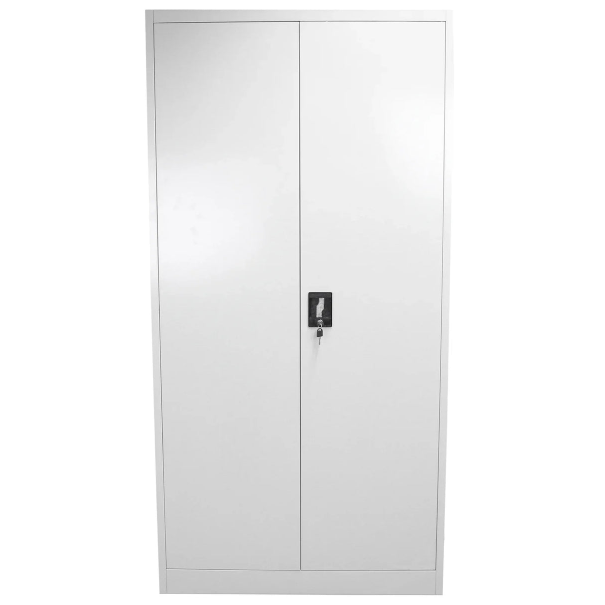 Sleek white metal filing cabinet, 180cm tall, featuring two doors with a key lock, ideal for secure document storage in offices