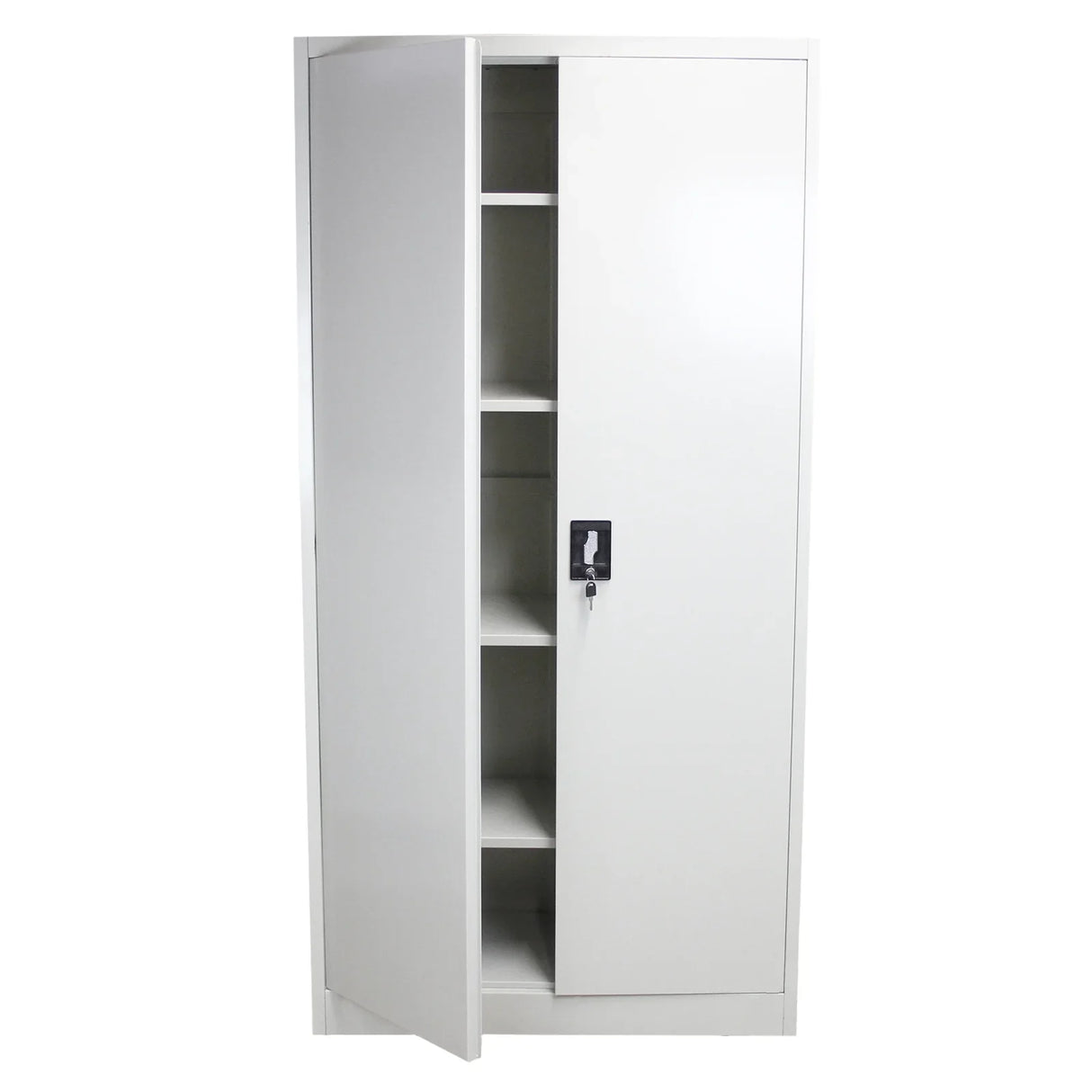Tall white metal filing cabinet with a sleek design, featuring multiple shelves and a secure lock for organized storage