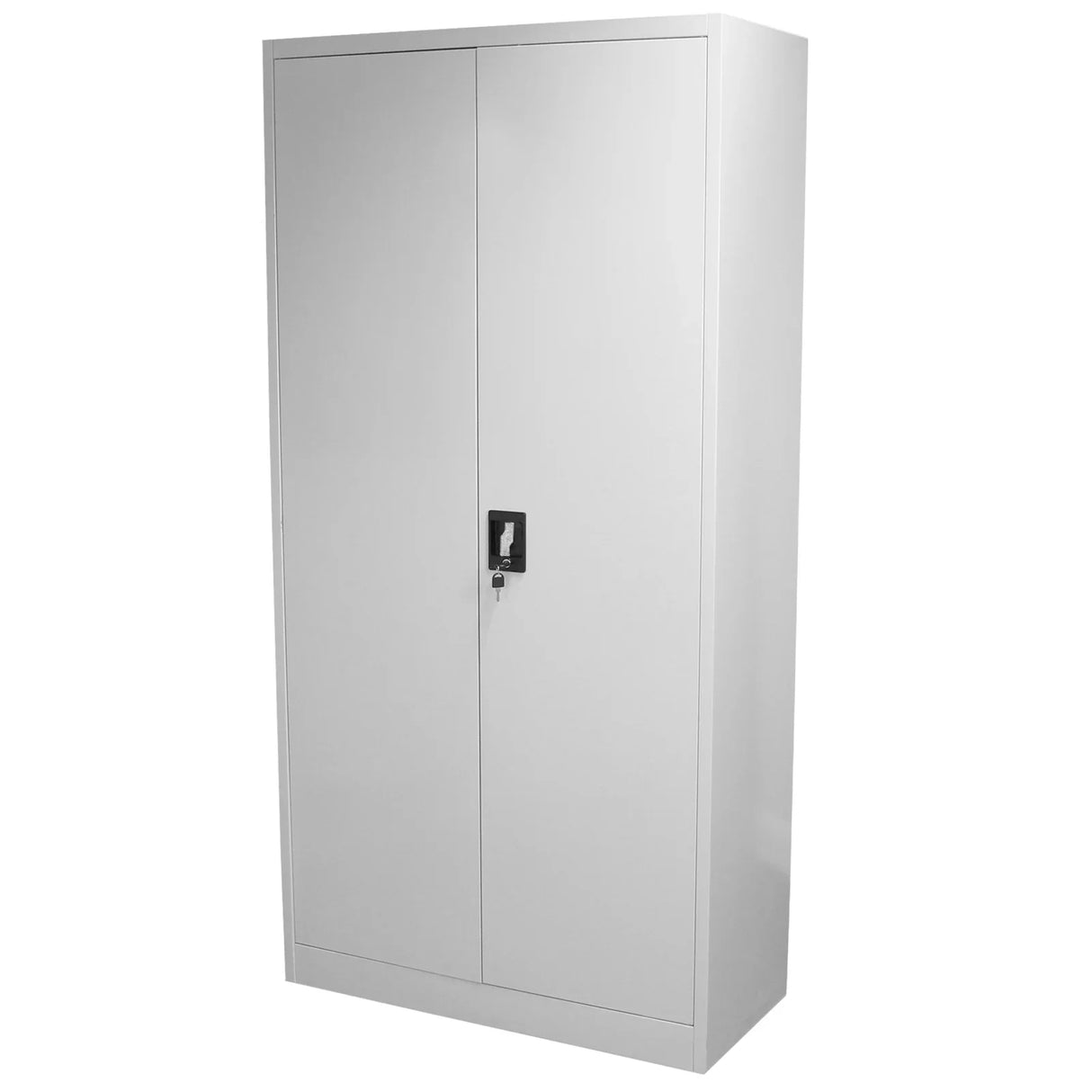 Tall white metal filing cabinet with two lockable doors, sleek design, smooth finish, ideal for office storage and organization