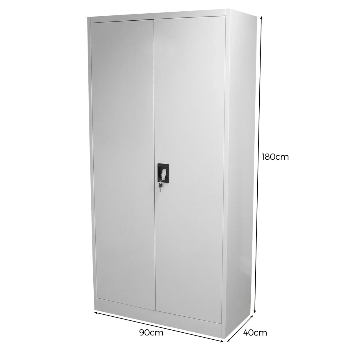 Tall white metal filing cabinet, 180cm high, 90cm wide, 40cm deep, featuring sleek doors and a secure lock for document storage