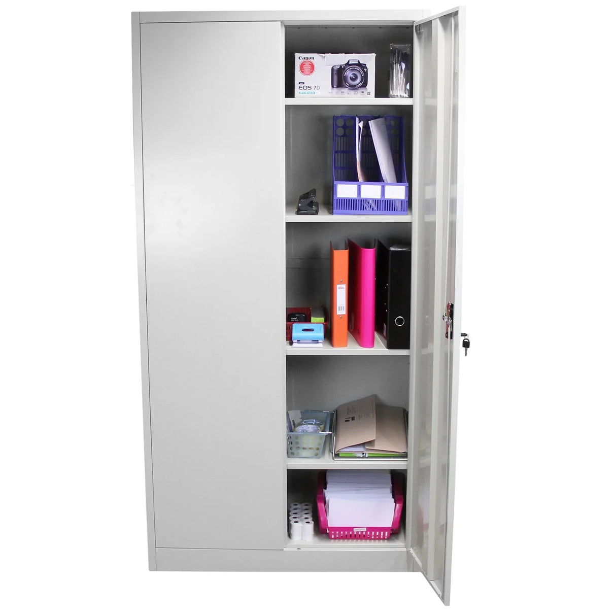 Metal filing cabinet 180cm tall, featuring a sleek gray finish, multiple shelves filled with colorful folders and office supplies