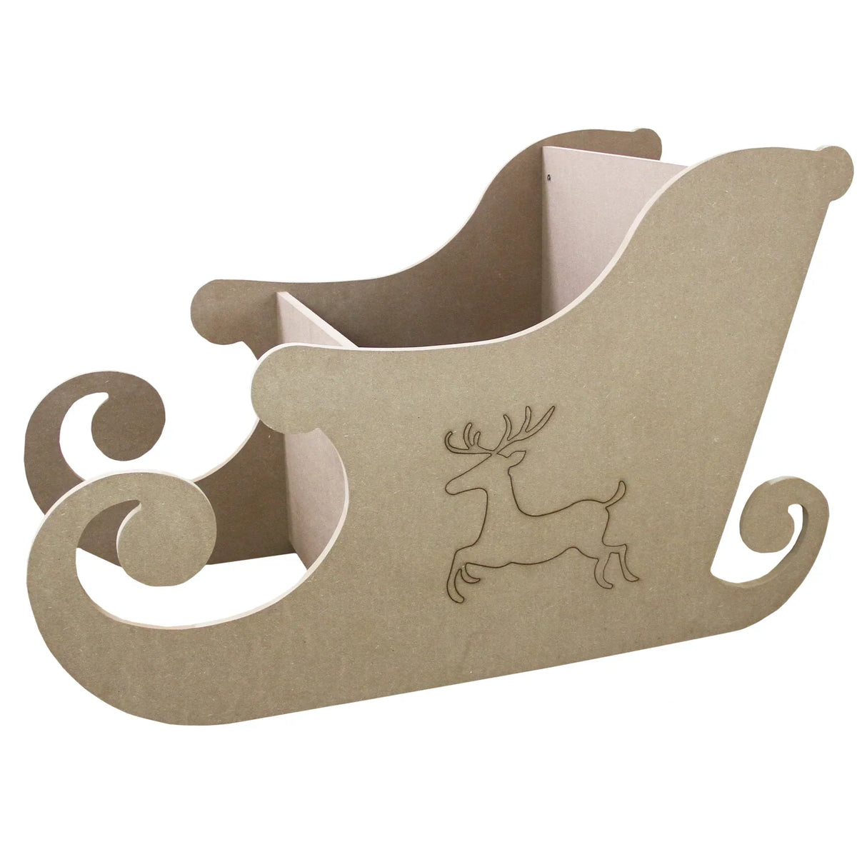 MDF Santa sleigh in natural wood finish with curved edges and reindeer engraving, perfect for holiday decor or storage