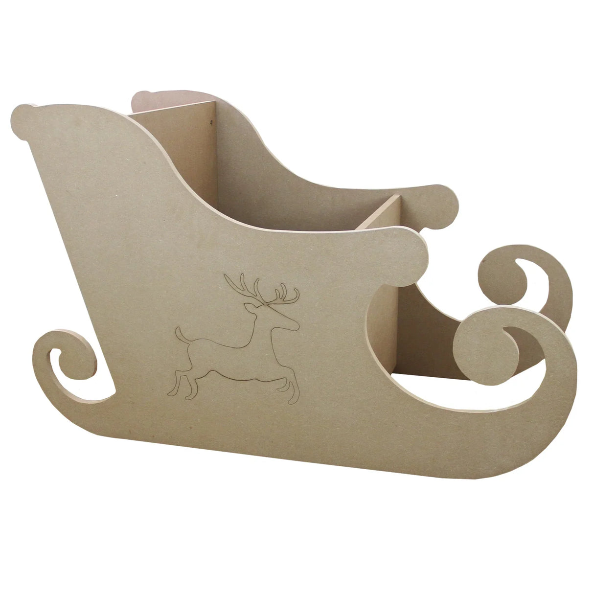 MDF Santa sleigh in natural wood finish, featuring a reindeer design and elegant curved edges, perfect for holiday decor