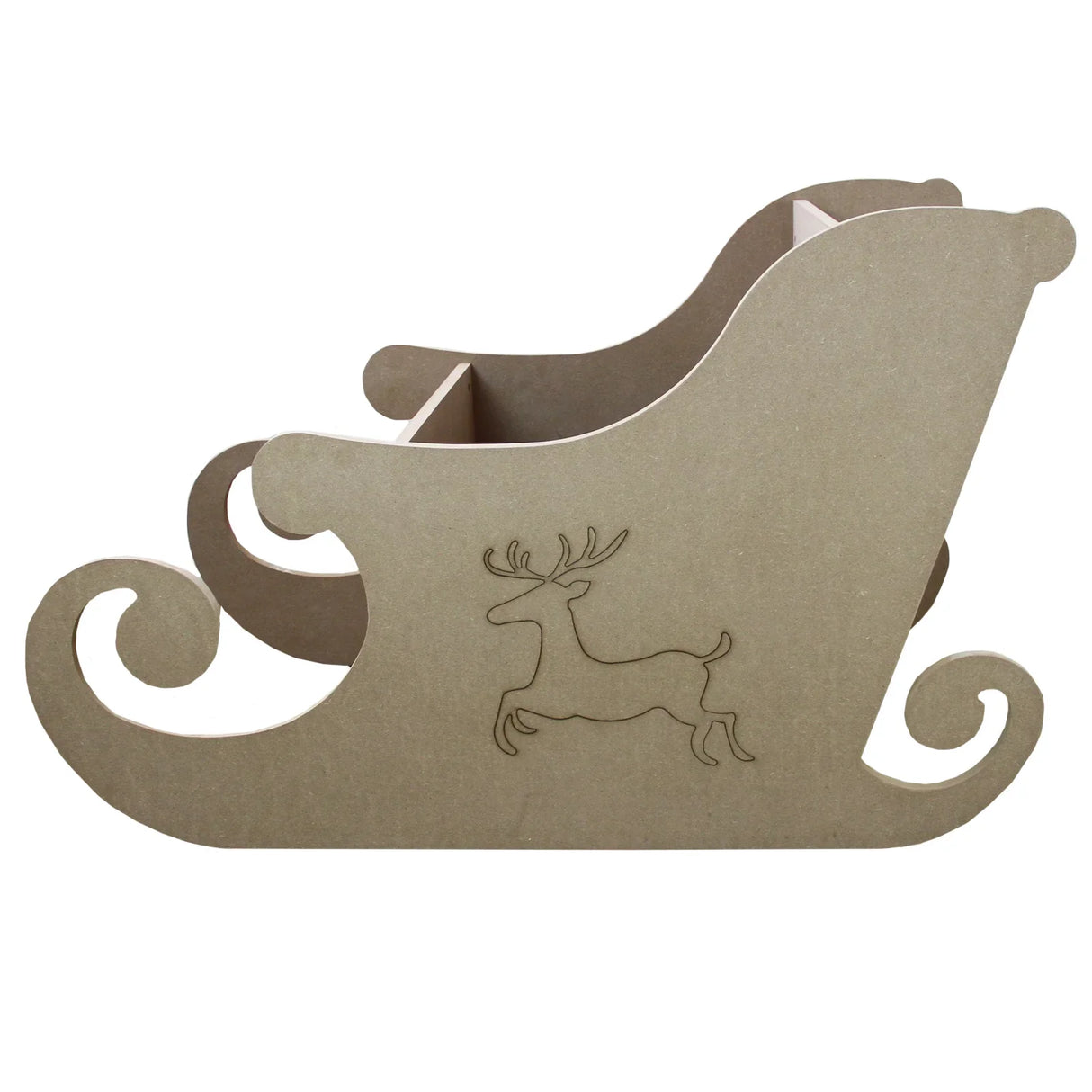 MDF Santa sleigh in natural wood finish with a reindeer engraving, featuring a curved design and spacious interior for holiday decor