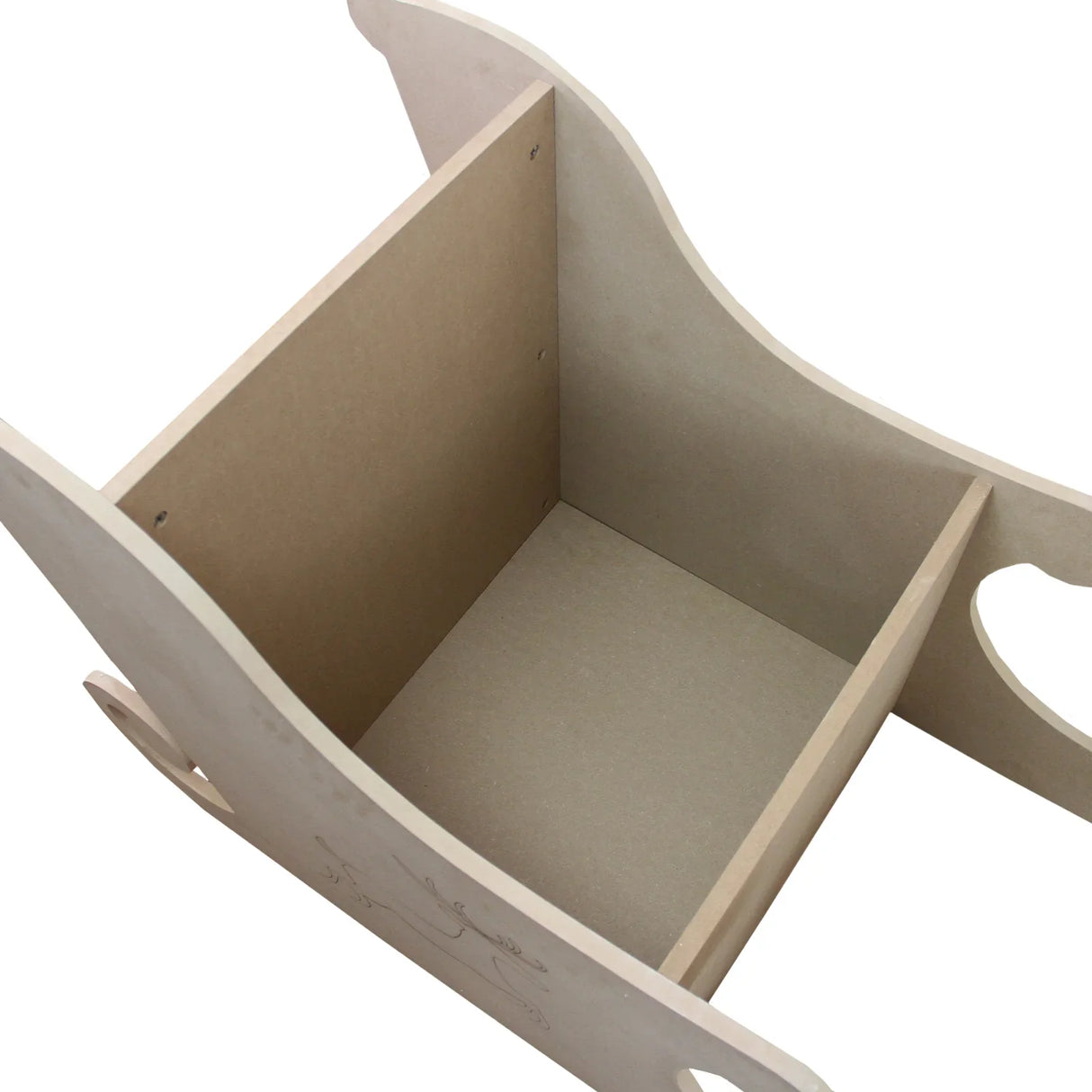 MDF Santa sleigh with a smooth, light wood finish, featuring a spacious interior and curved edges for a festive display