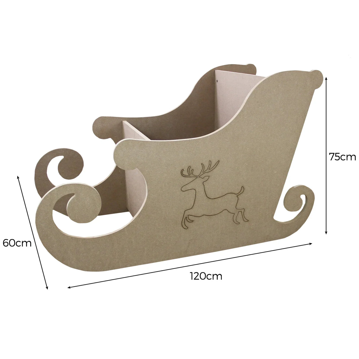 MDF Santa sleigh in natural wood finish, featuring elegant curves and a reindeer design, measuring 120cm long and 75cm high