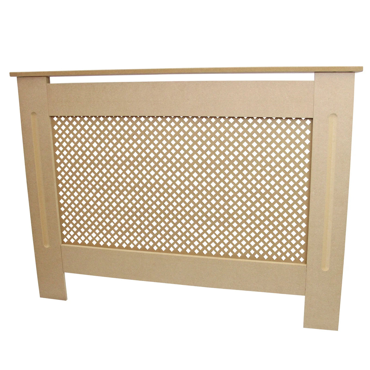 Unfinished MDF radiator cover, 1115mm wide, featuring a decorative lattice design and smooth edges for a modern look
