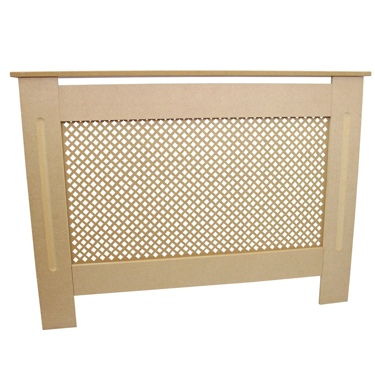 Unfinished MDF radiator cover measuring 1115mm, featuring a decorative lattice design and smooth edges for a modern look