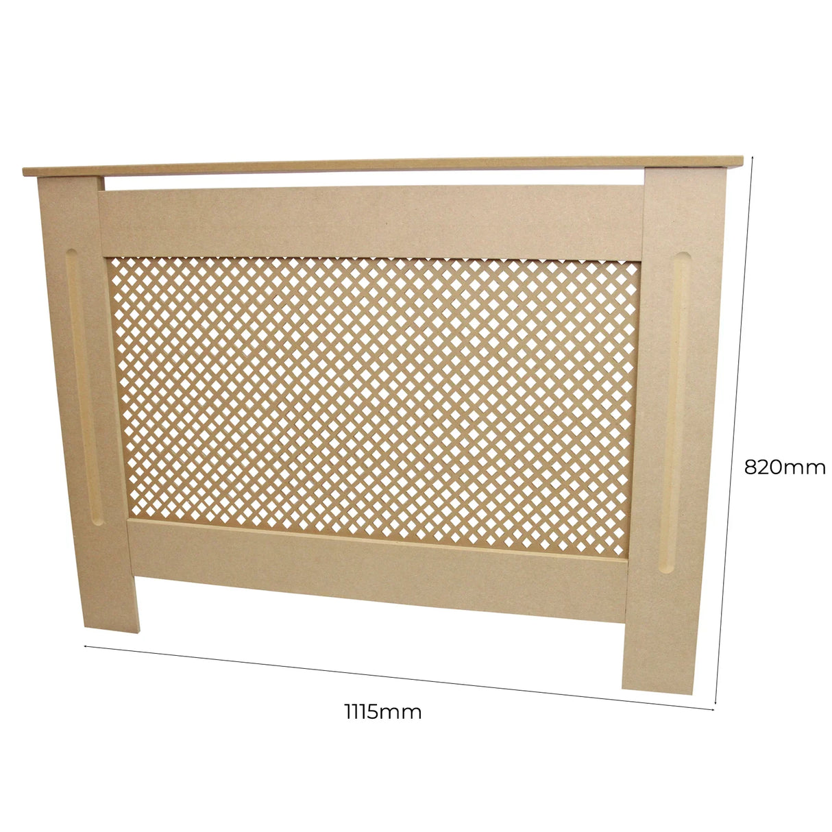 Unfinished MDF radiator cover measuring 1115mm wide and 820mm high, featuring a decorative lattice design and smooth edges
