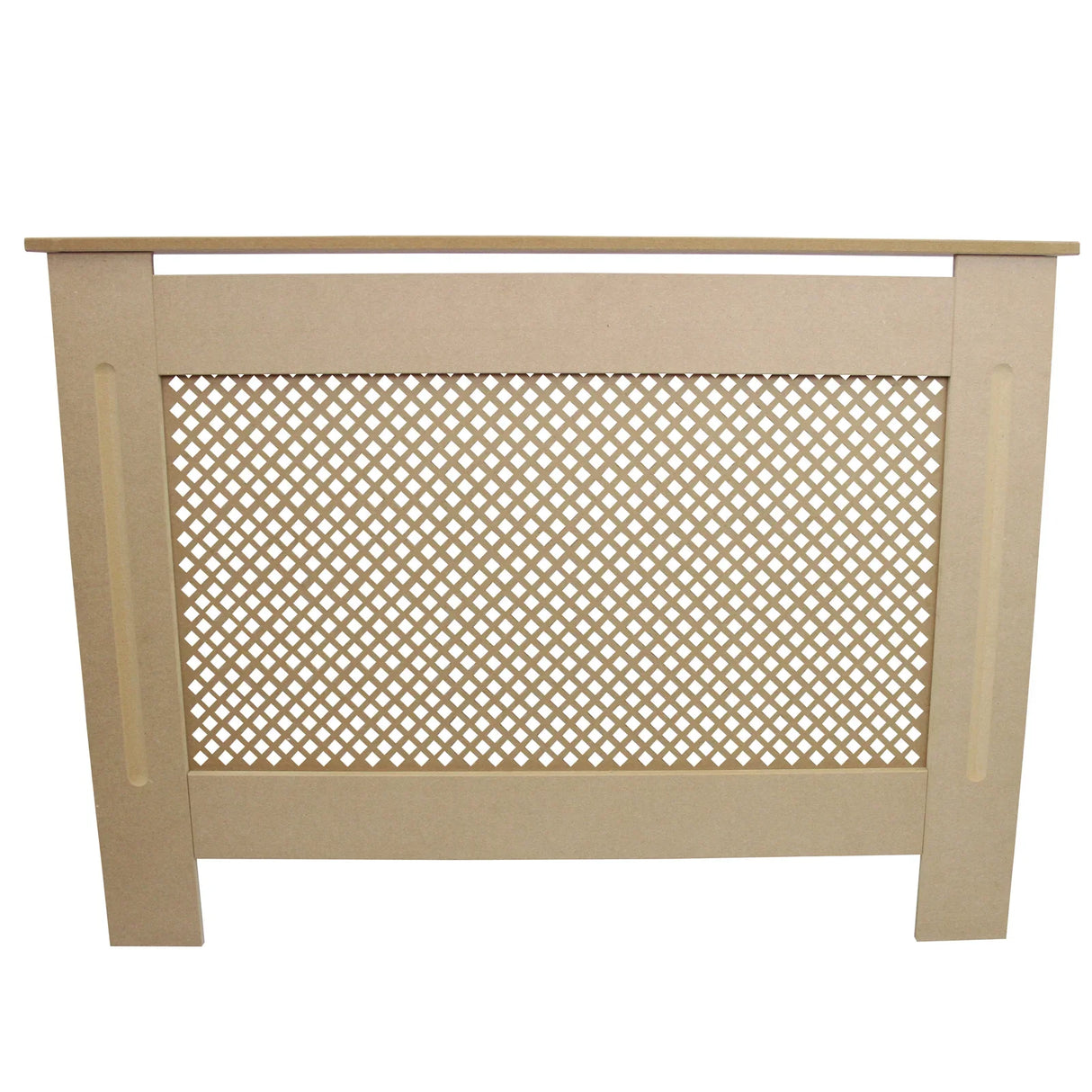 Unfinished MDF radiator cover, 1115mm wide, featuring a decorative lattice design and smooth edges for a modern look