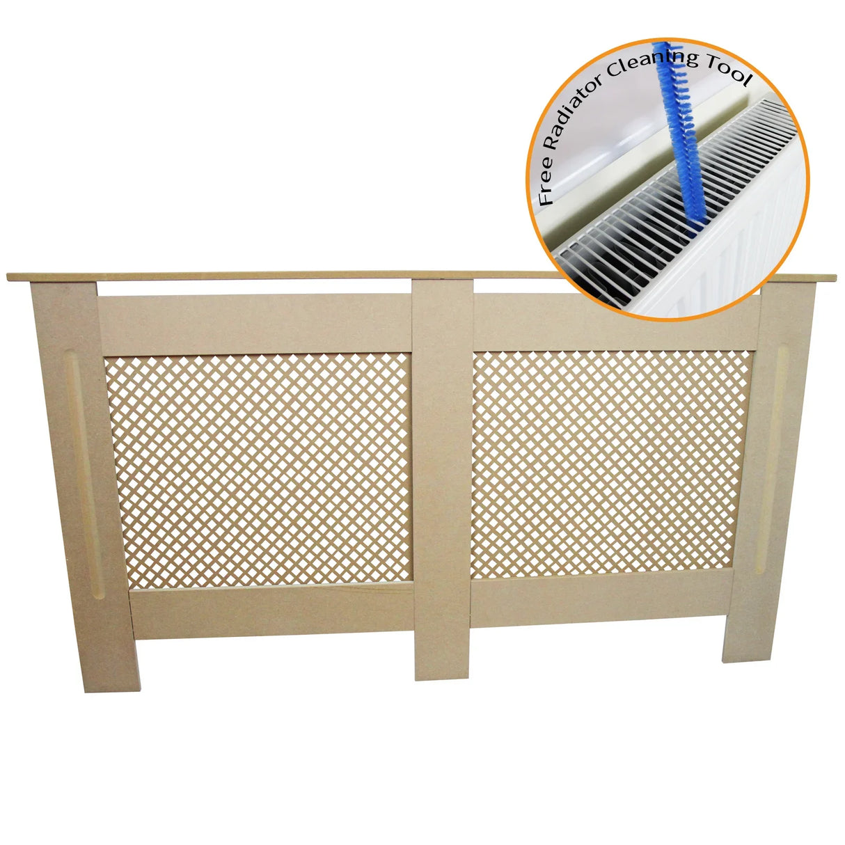Unfinished MDF radiator cover, 1515mm wide, featuring a decorative lattice design and a free radiator cleaning tool included