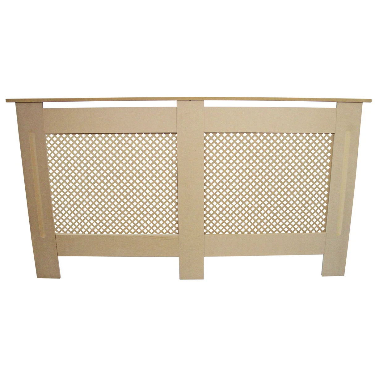 Unfinished MDF radiator cover, 1515mm wide, featuring a decorative lattice design and smooth edges for a modern look