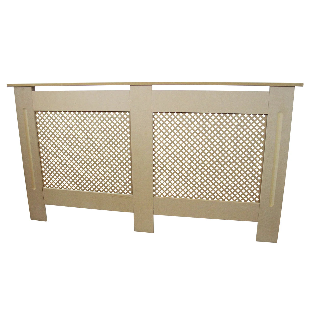 Unfinished MDF radiator cover, 1515mm wide, featuring a lattice design and smooth edges, ideal for home decor enhancement